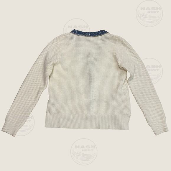 Nanette Lepore M Cardigan NWOT | Cream Knit, Denim Sequin Trim, Gold Buttons - Picture 3 of 9